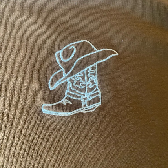 brown and white longer SLIGHTLY cropped longsleve cowboy shirt. size L - Picture 3 of 3